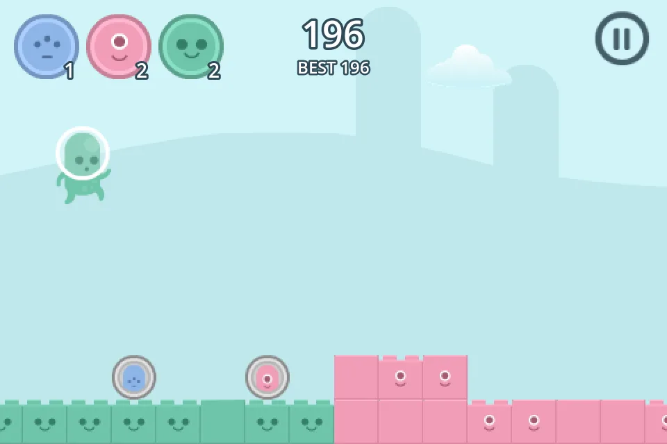 A run at a score of 196, with a pink wall ahead and a stock of moods at the top